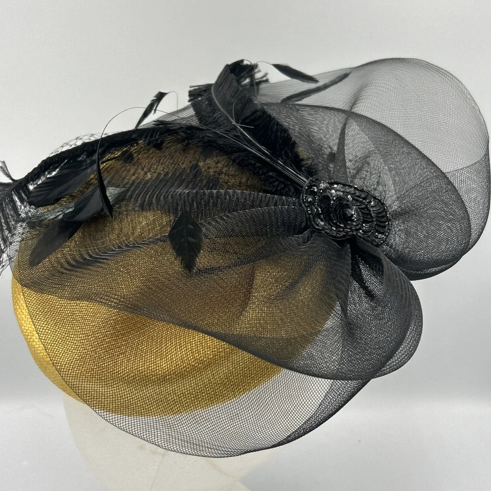 Yellow Black Fascinator Funeral Church Tea Party Hat Feathers Sequin Mesh